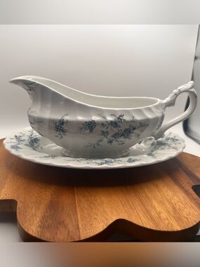 Vintage Myott Sound of Music Gravy Boat & Underplate | Blue Floral Staffordshire